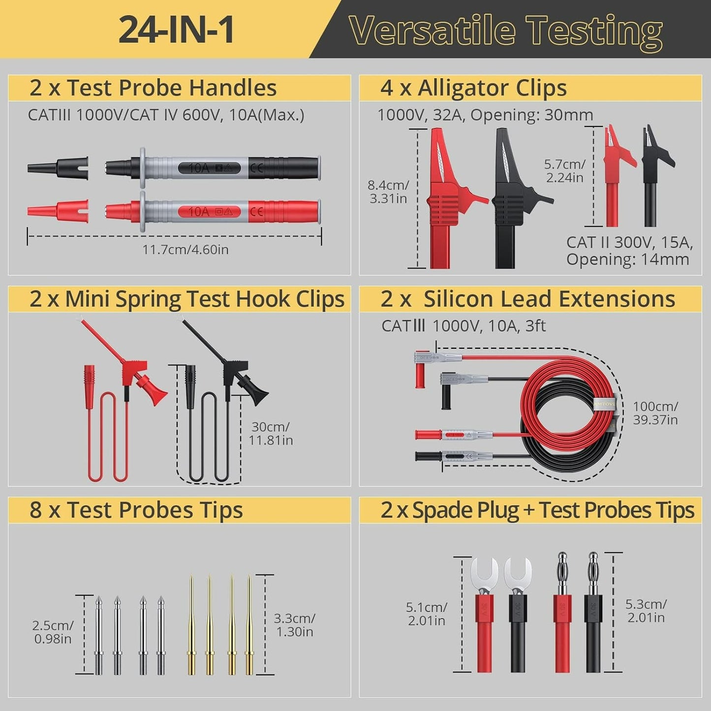 AMTOVL Multi Test Leads Kit, 24-in-1 Electrical Multimeter Test Lead with Alligator Clips, Test Probe, Spring Grabber,Banana Plug - Volt Meter Leads for Voltage Circuit Tester