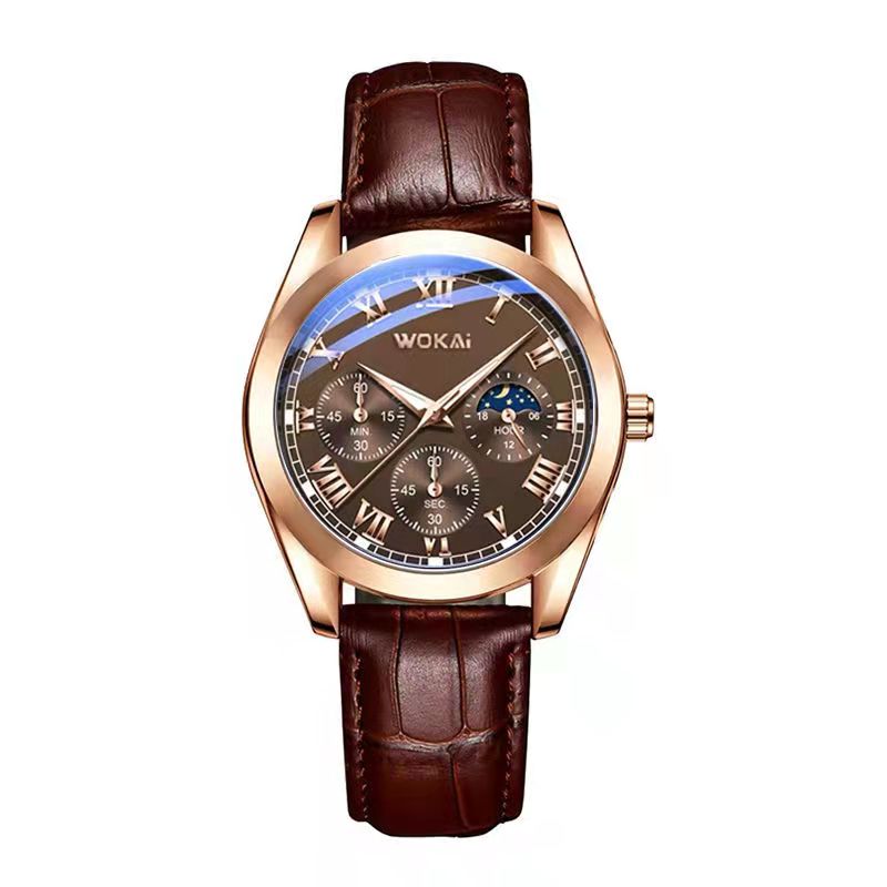 WOKAI high quality Rose Gold Men's Casual belt quartz watch Men's student three eyes Women's night light waterproof clock