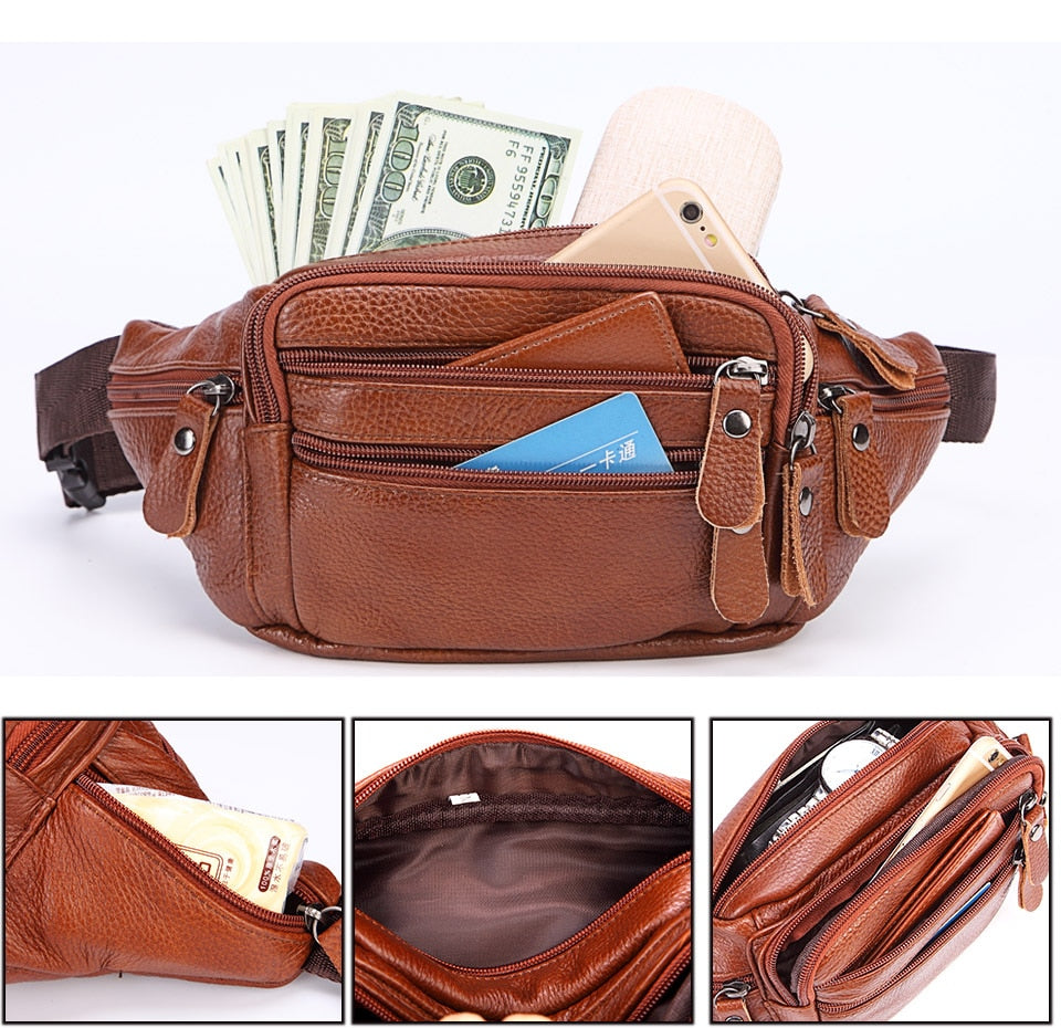 Sac banane en cuir véritable pour hommes, pochette de téléphone, sacoches de marque, sac banane de voyage pour hommes