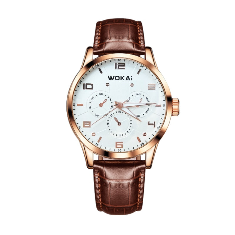 WOKAI high quality Rose Gold Men's Casual belt quartz watch Men's student three eyes Women's night light waterproof clock