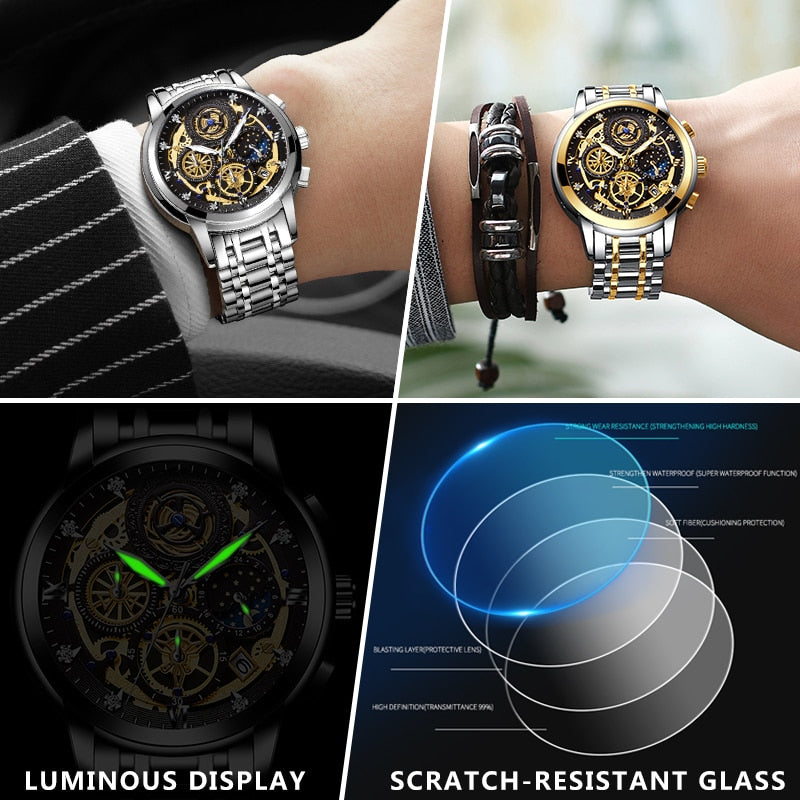 WISHDOIT Original Watch for Men's Waterproof Stainless Steel Quartz Analog Fashion Business Sun Moon Star Wristwatches Top Brand