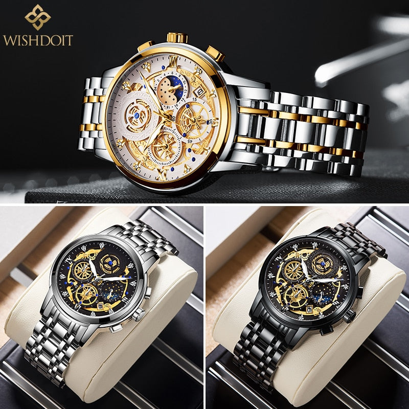 WISHDOIT Original Watch for Men's Waterproof Stainless Steel Quartz Analog Fashion Business Sun Moon Star Wristwatches Top Brand