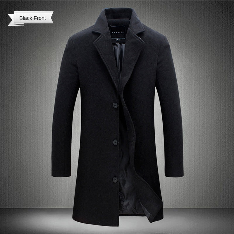 2023 Spring and Autumn Long Cotton Coat New Wool Blend Pure Color Casual Business Fashion Men's Clothing Slim Windbreaker Jacket