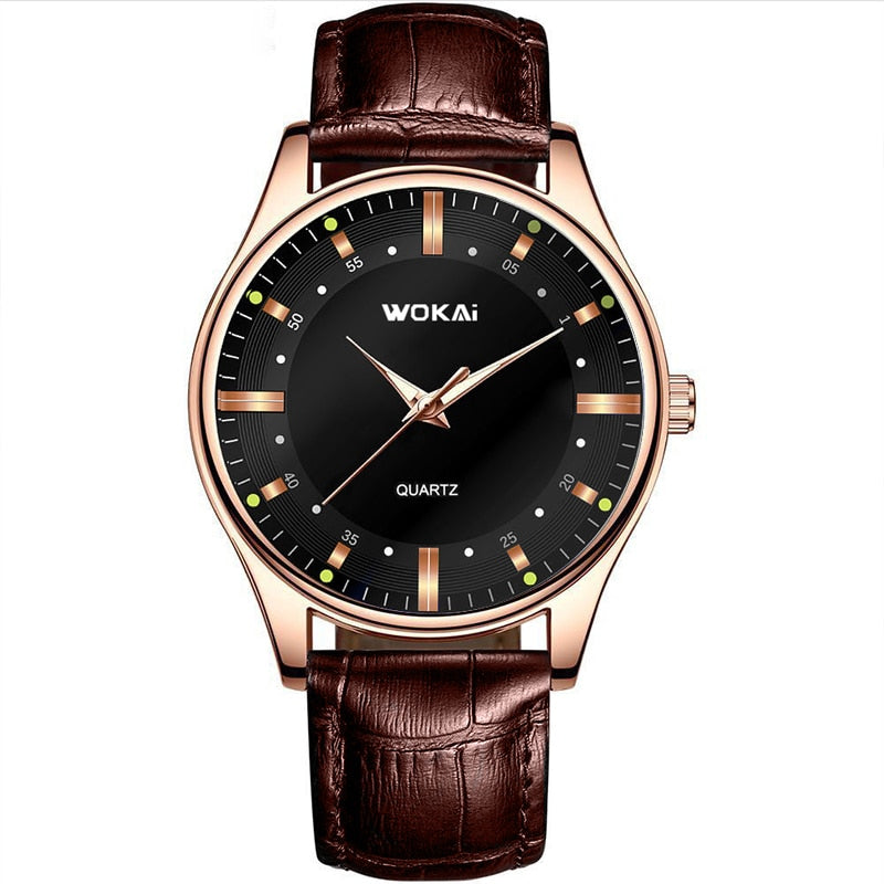 WOKAI high quality Rose Gold Men's Casual belt quartz watch Men's student three eyes Women's night light waterproof clock
