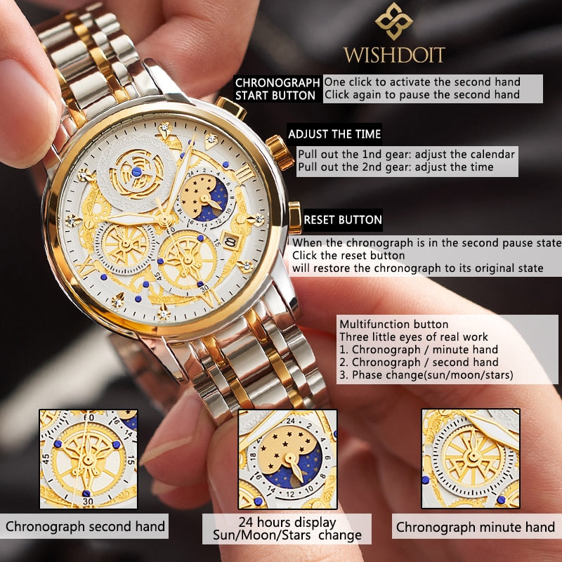 WISHDOIT Original Watch for Men's Waterproof Stainless Steel Quartz Analog Fashion Business Sun Moon Star Wristwatches Top Brand