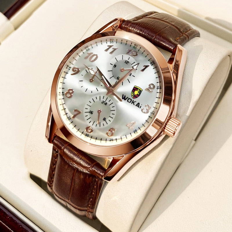 WOKAI high quality Rose Gold Men's Casual belt quartz watch Men's student three eyes Women's night light waterproof clock