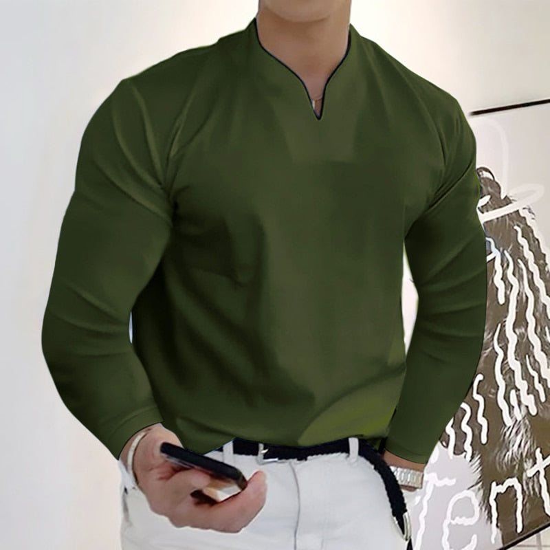 Men Tops Solid Color Slim Fit Long Sleeves Pullover Colorfast V Neck Casual Autumn Shirt Men Clothes Men's T-Shirts