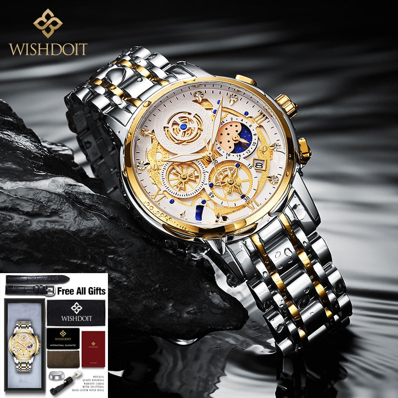 WISHDOIT Original Watch for Men's Waterproof Stainless Steel Quartz Analog Fashion Business Sun Moon Star Wristwatches Top Brand