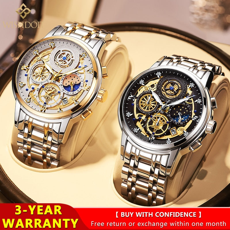 WISHDOIT Original Watch for Men's Waterproof Stainless Steel Quartz Analog Fashion Business Sun Moon Star Wristwatches Top Brand