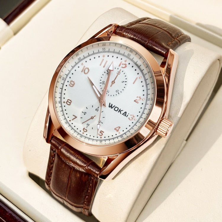 WOKAI high quality Rose Gold Men's Casual belt quartz watch Men's student three eyes Women's night light waterproof clock