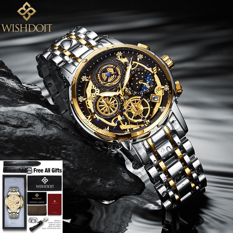 WISHDOIT Original Watch for Men's Waterproof Stainless Steel Quartz Analog Fashion Business Sun Moon Star Wristwatches Top Brand
