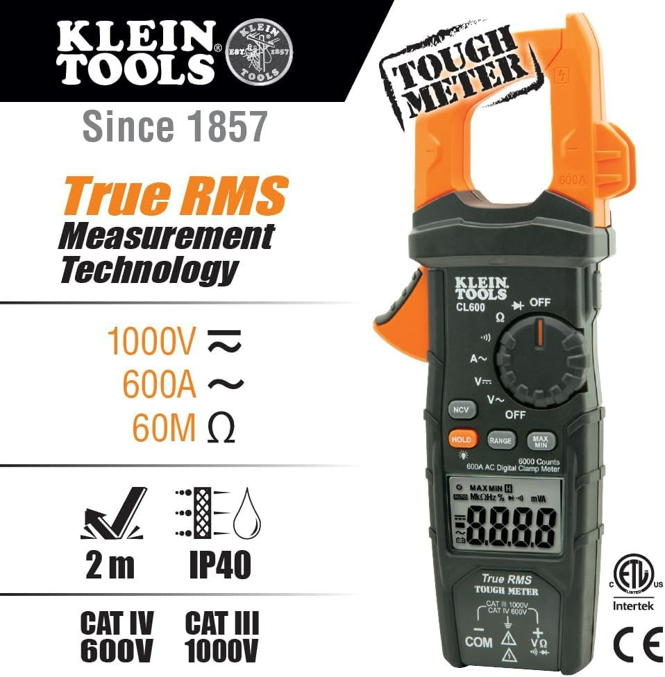 Digital Clamp Meter AC/DC Auto-Ranging 600 Amp Measures Voltage, Resistance, More Klein Tools CL600