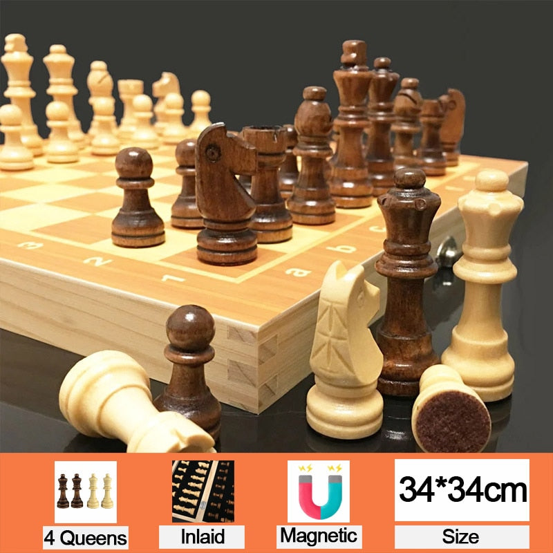 4 Queens Magnetic Chess Wooden Chess Set International Chess Game Wooden Chess Pieces Foldable Wooden Chessboard Gift Toy I55