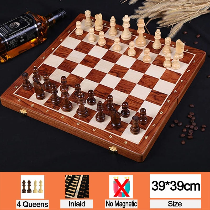 4 Queens Magnetic Chess Wooden Chess Set International Chess Game Wooden Chess Pieces Foldable Wooden Chessboard Gift Toy I55