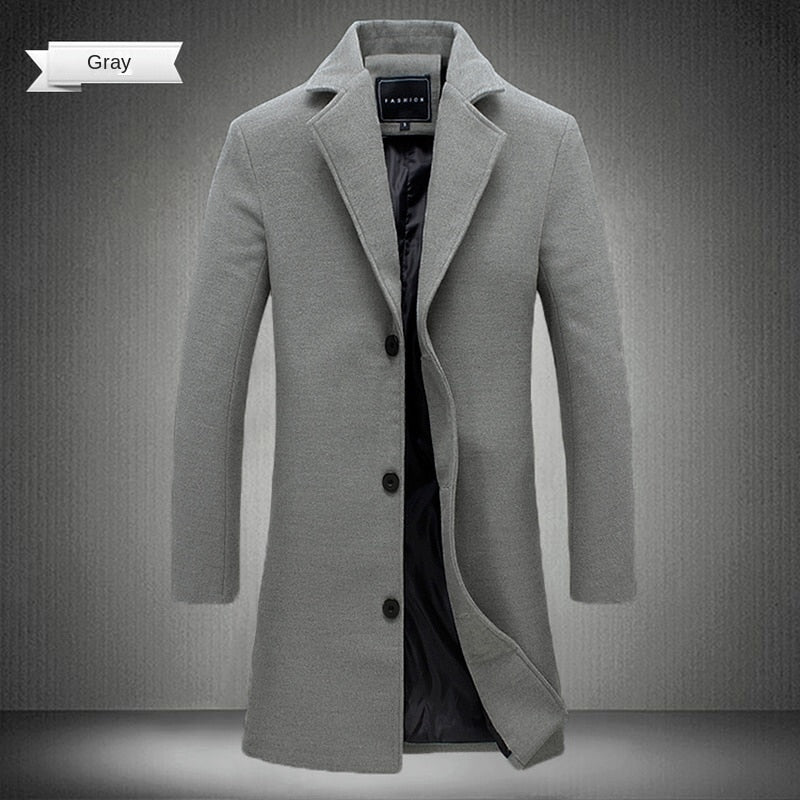 2023 Spring and Autumn Long Cotton Coat New Wool Blend Pure Color Casual Business Fashion Men&#39;s Clothing Slim Windbreaker Jacket