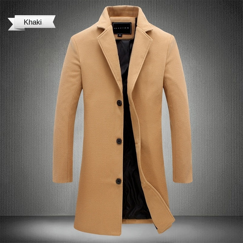 2023 Spring and Autumn Long Cotton Coat New Wool Blend Pure Color Casual Business Fashion Men&#39;s Clothing Slim Windbreaker Jacket