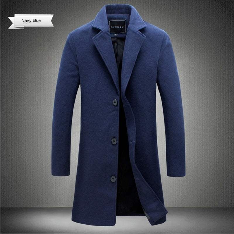 2023 Spring and Autumn Long Cotton Coat New Wool Blend Pure Color Casual Business Fashion Men&#39;s Clothing Slim Windbreaker Jacket